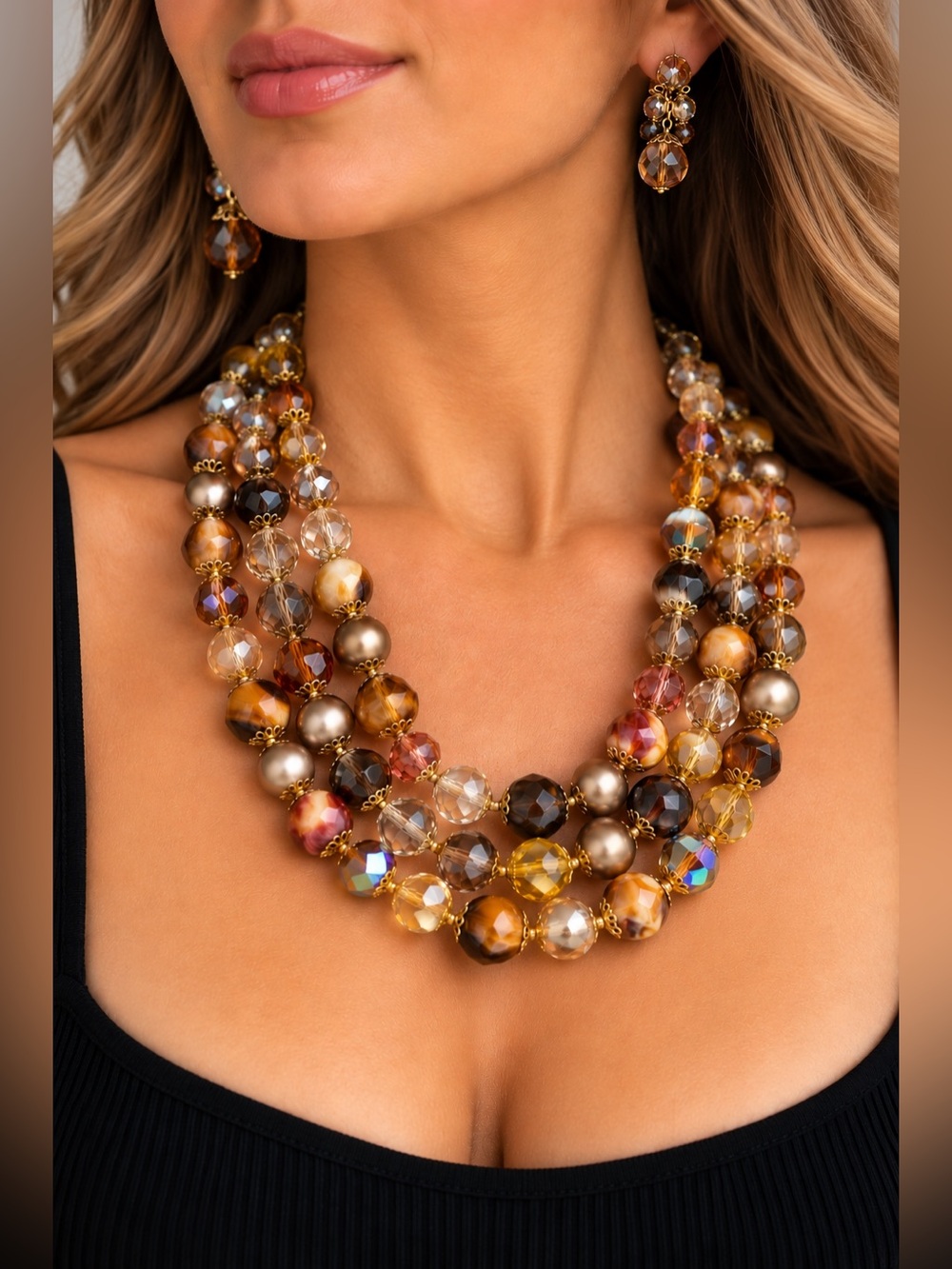 Signed Vendome Vintage Glass Bead Necklace & Earrings Set